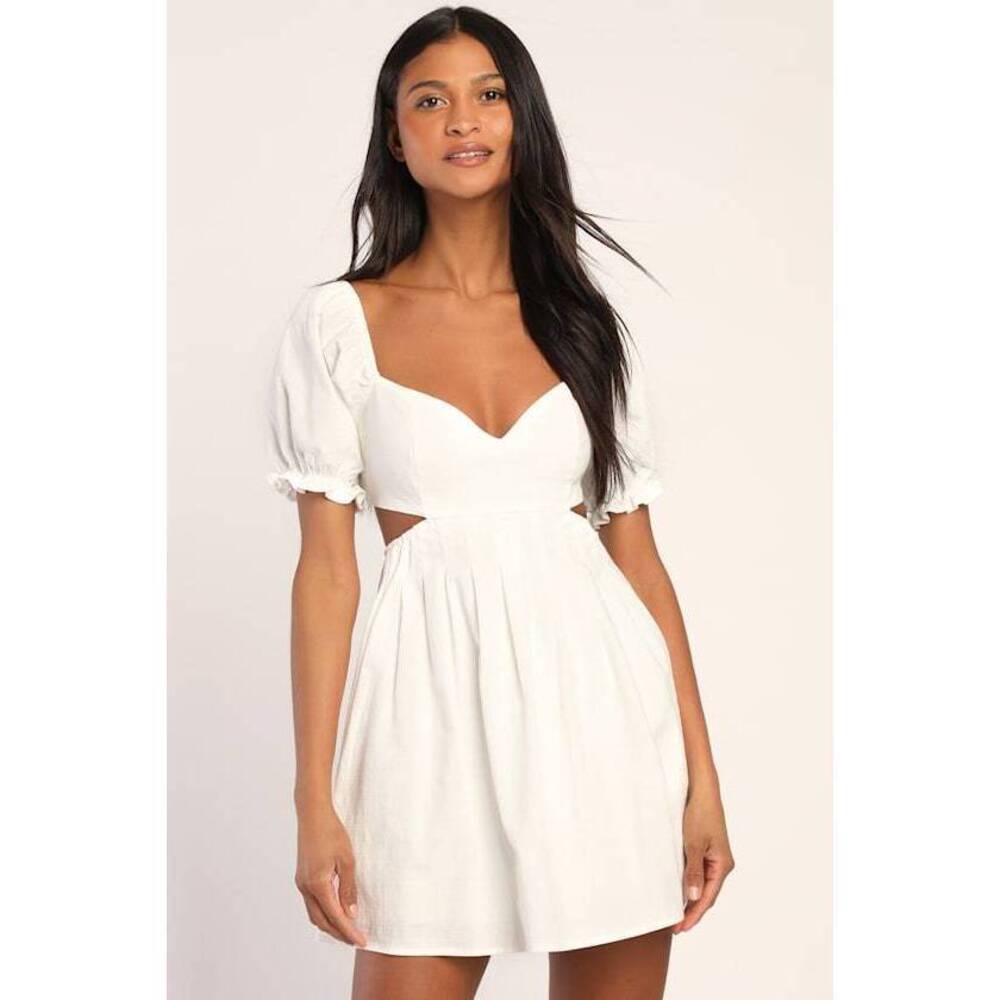 Lulus Love The Feeling White Puff Sleeve Lace-up Cutout Mini Dress - Size S